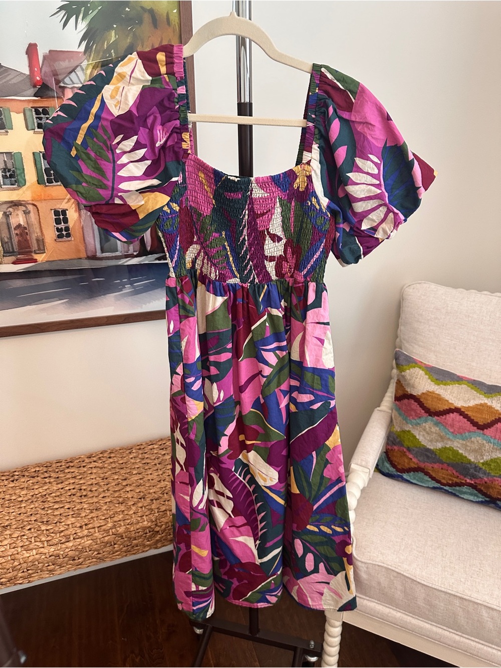 Sugarlips Puff-Sleeve Tropical Floral Dress in Pink, Purple & Green